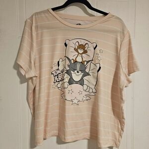 Tom and Jerry Womens XL T-Shirt Sleeping Short Sleeve Tee Pink White Soft NWT